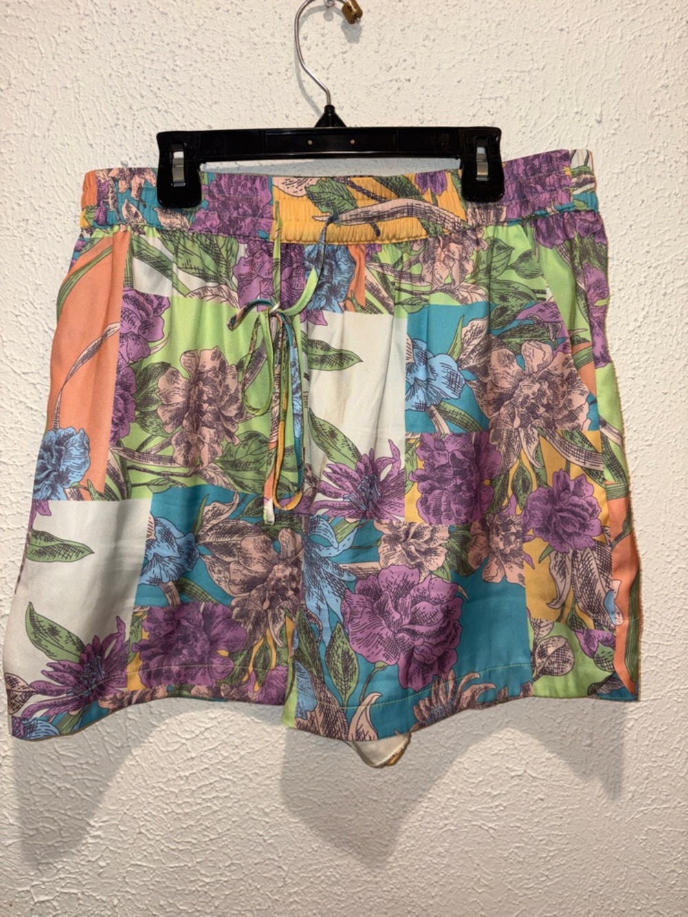 Patchwork Floral Drawstring Athletic Shorts - Multicolor